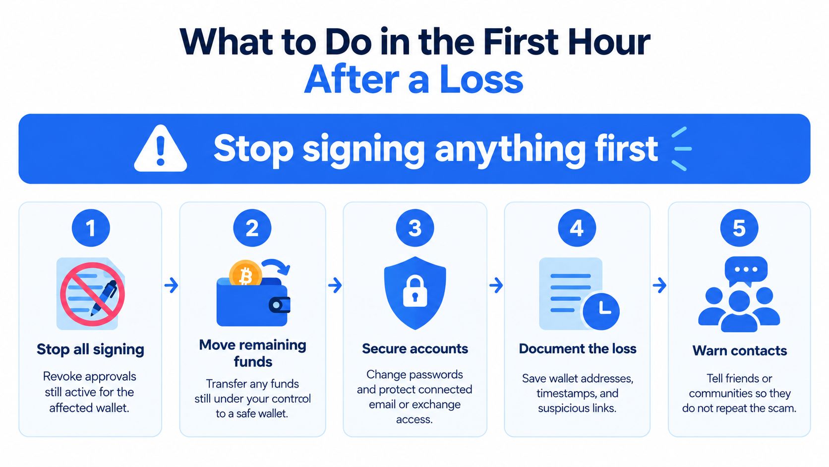 An infographic showing a five-step checklist on how to secure your cryptocurrency assets after a security breach.