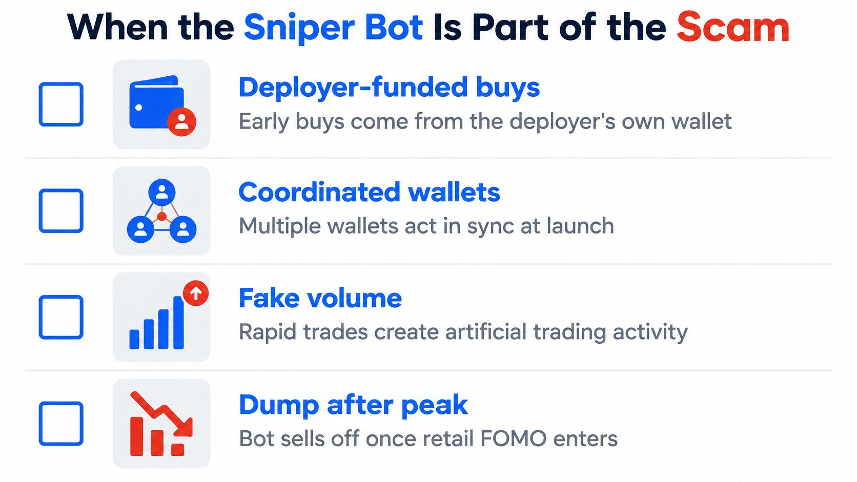 An infographic titled When the Sniper Bot Is Part of the Scam explaining common crypto scam tactics.