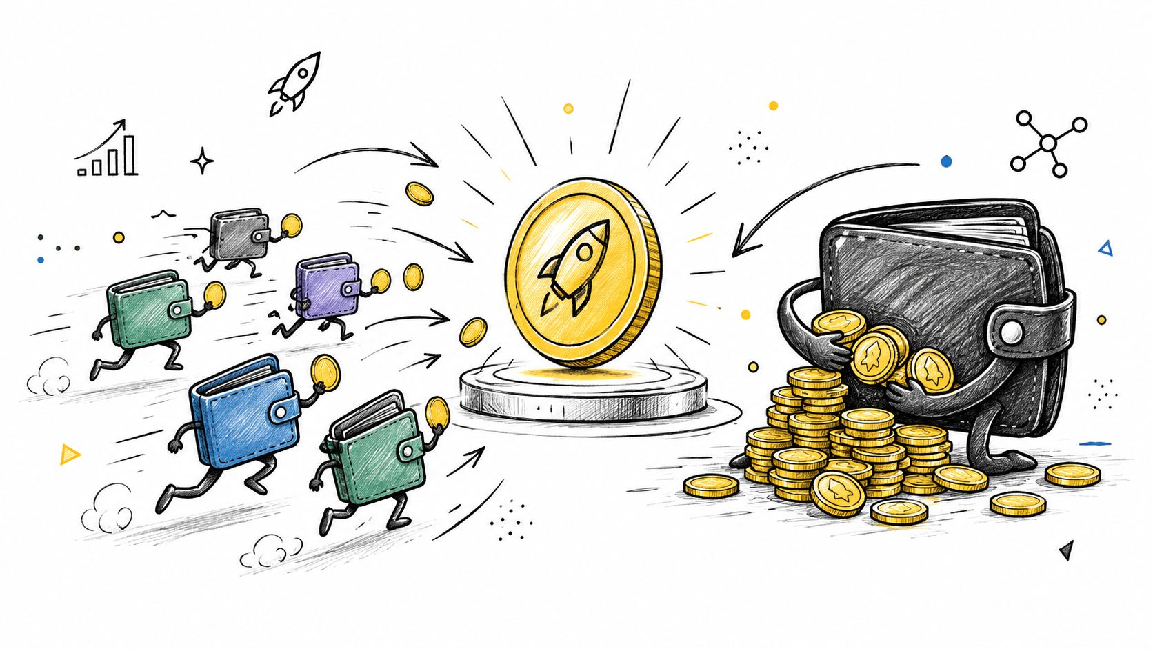 Animated wallets running towards a glowing rocket coin, while a large black wallet collects piles of coins.