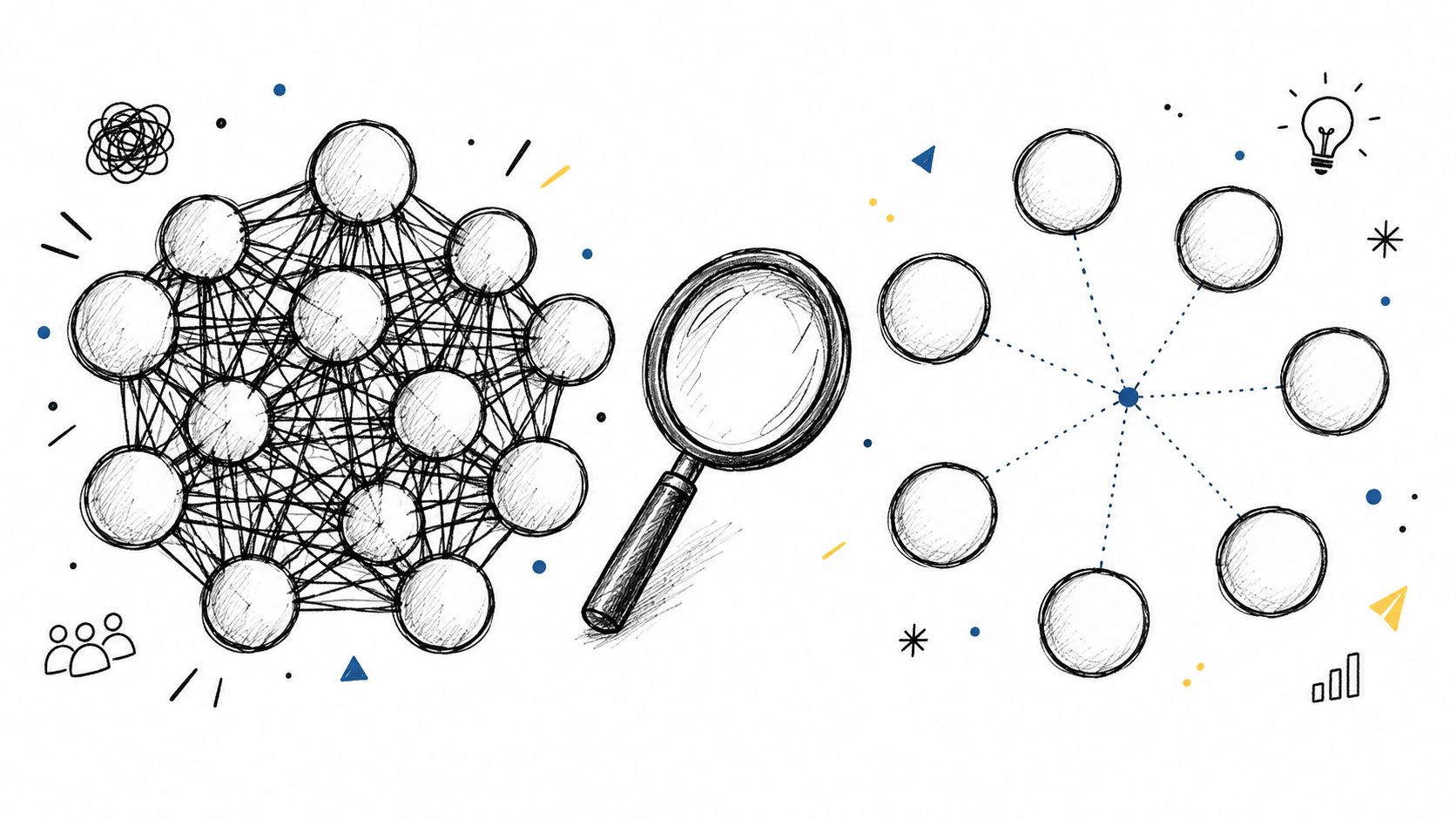 A hand-drawn illustration showing a complex interconnected network alongside a simplified hub-and-spoke diagram with a magnifying glass.