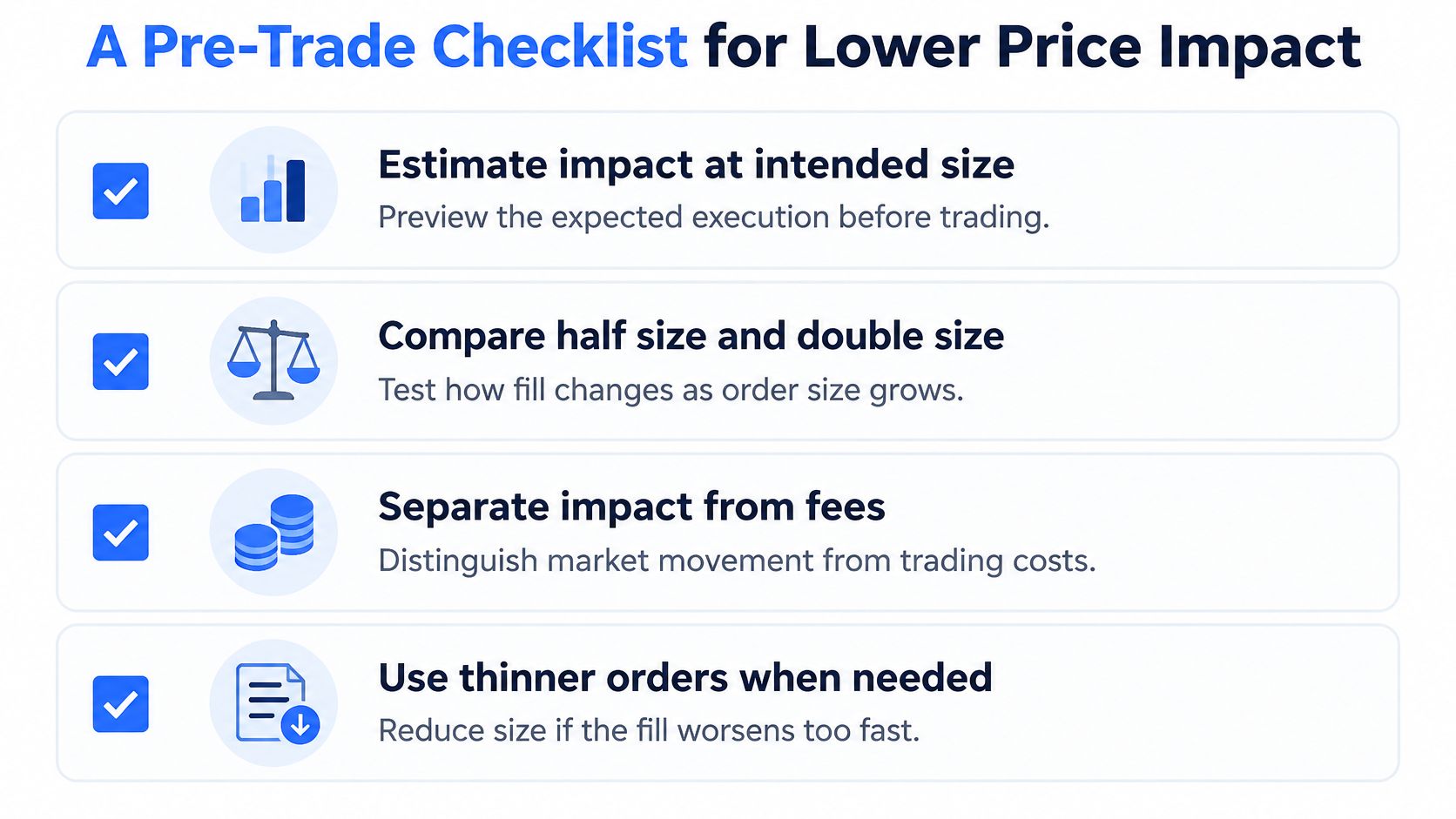 A checklist infographic titled A Pre-Trade Checklist for Lower Price Impact for crypto traders.