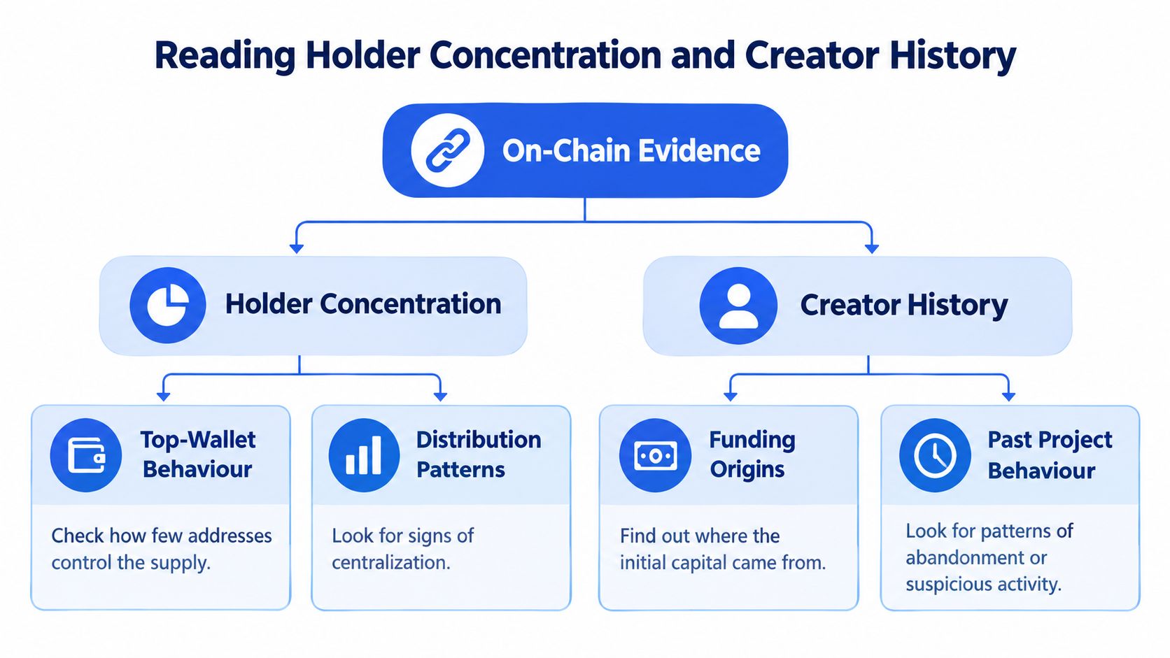 A flowchart explaining how to analyze crypto projects by checking holder concentration and creator history for risks.