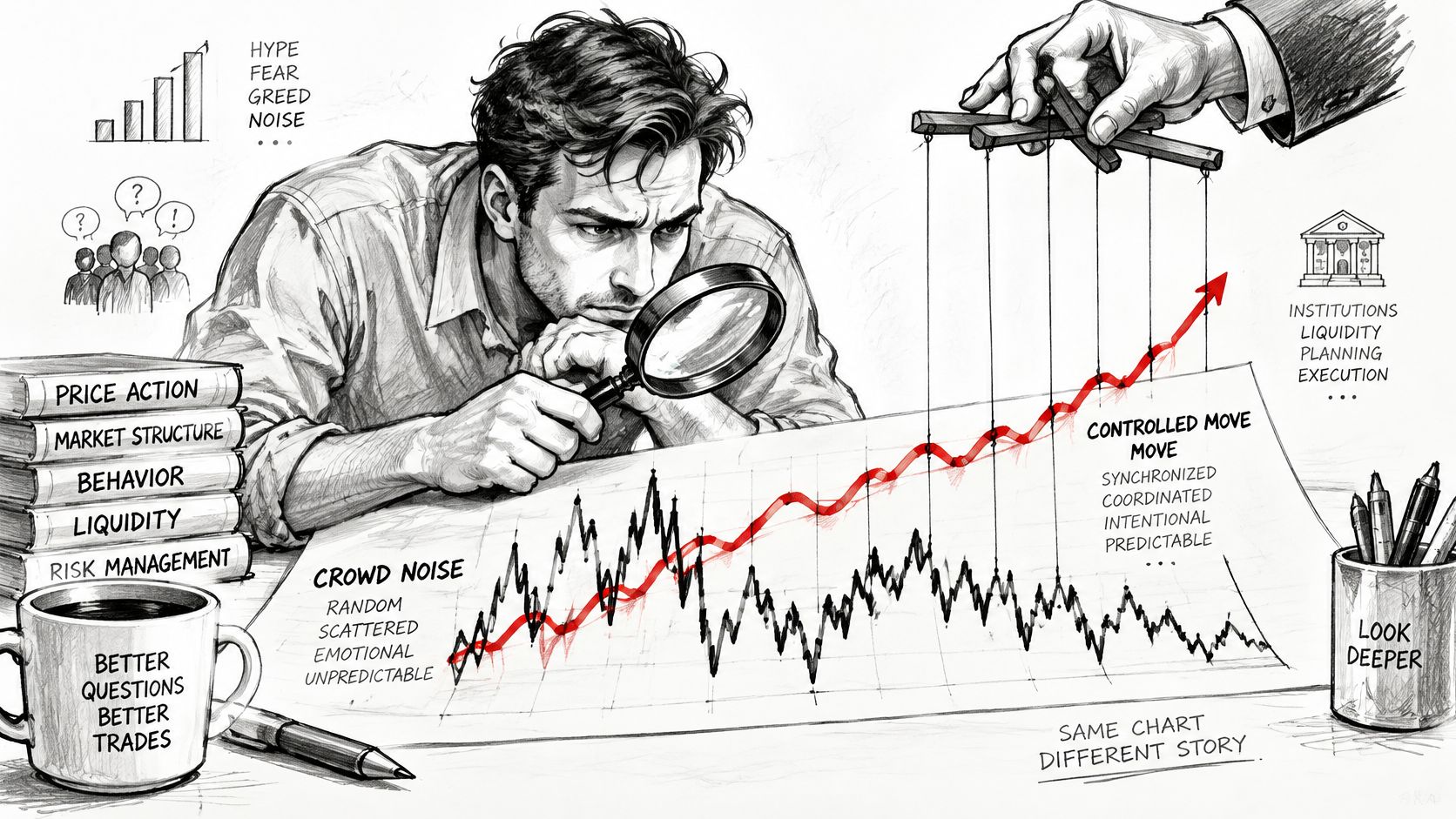 A pencil sketch of a trader analyzing a financial chart being manipulated by a large hand.