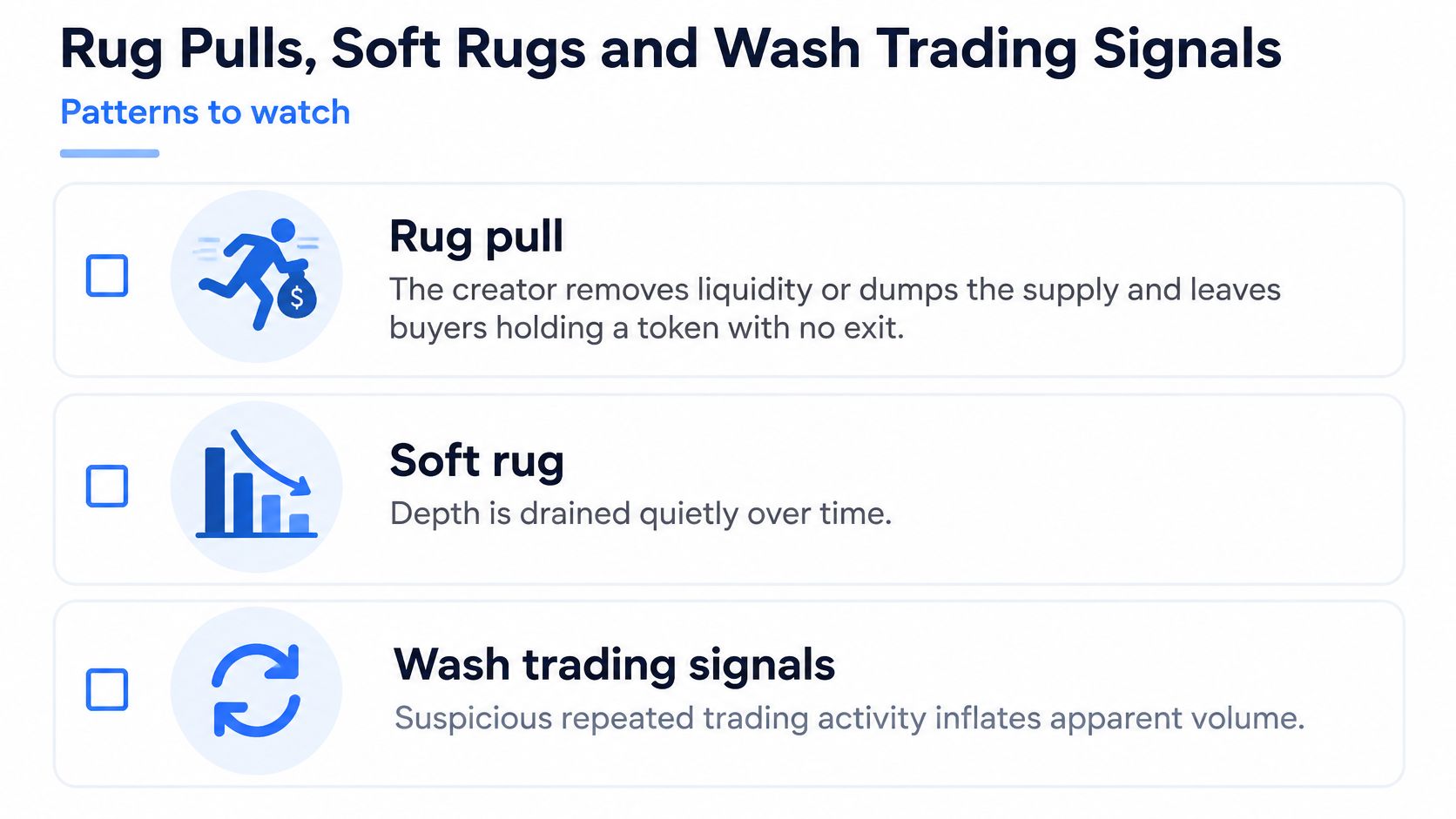 A list explaining common crypto scams including rug pulls, soft rugs, and wash trading signals for investors.