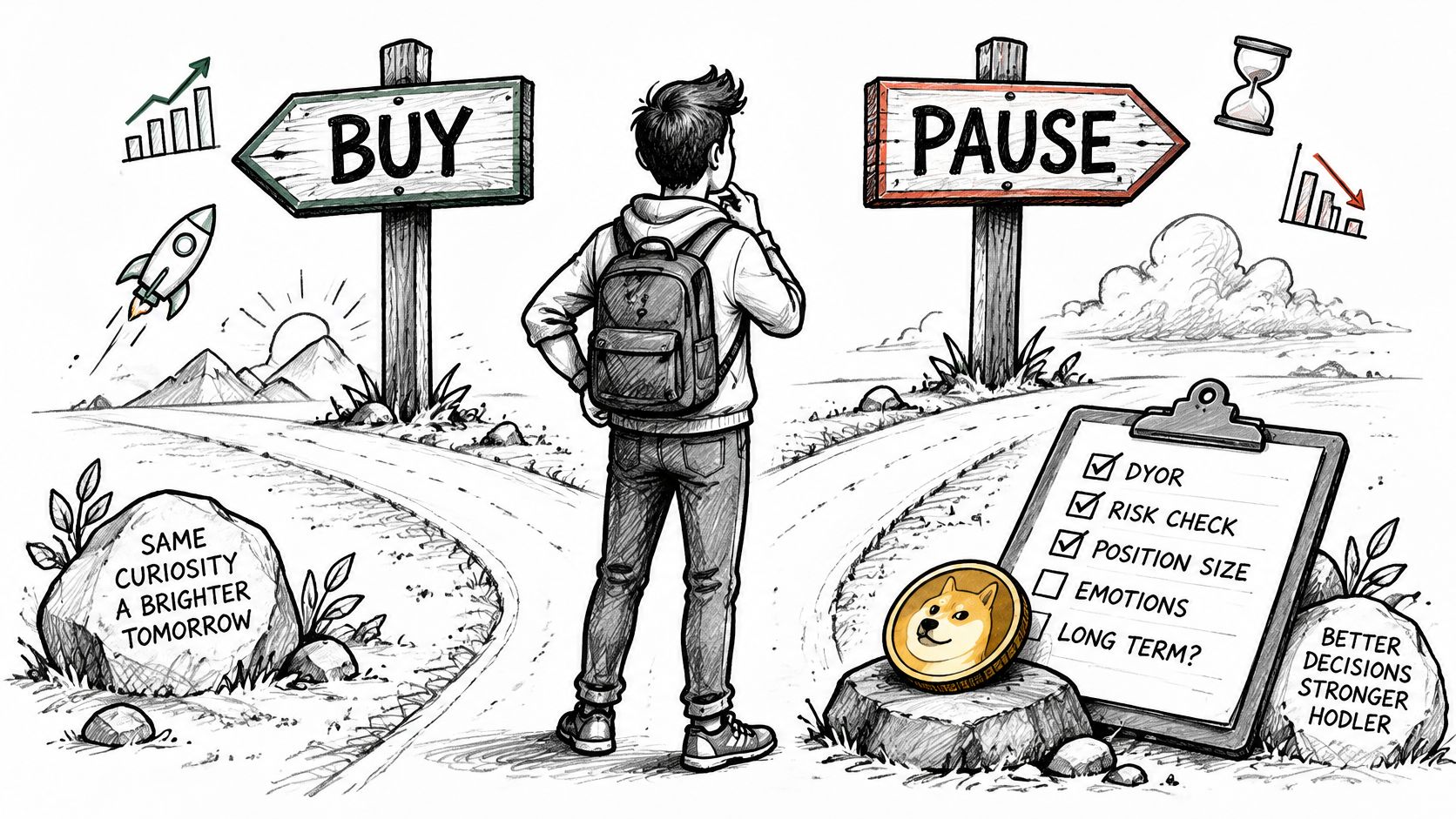 A person standing at a crossroads deciding between buying or pausing investments with a checklist shown.