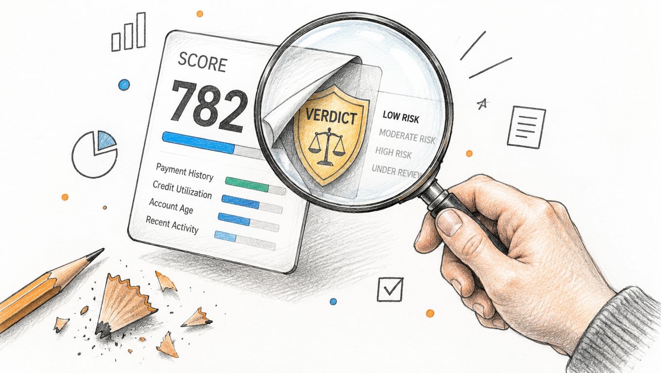 A hand holds a magnifying glass over a document showing a credit score of 782 and verdict label.