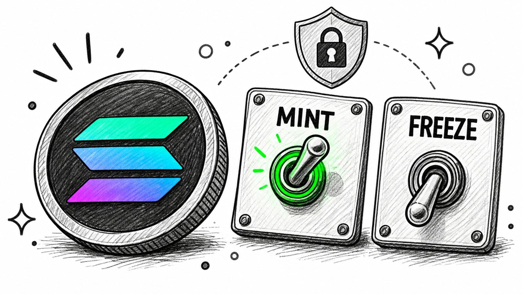 A digital illustration showing a cryptocurrency coin next to switches labeled MINT and FREEZE with security icon.