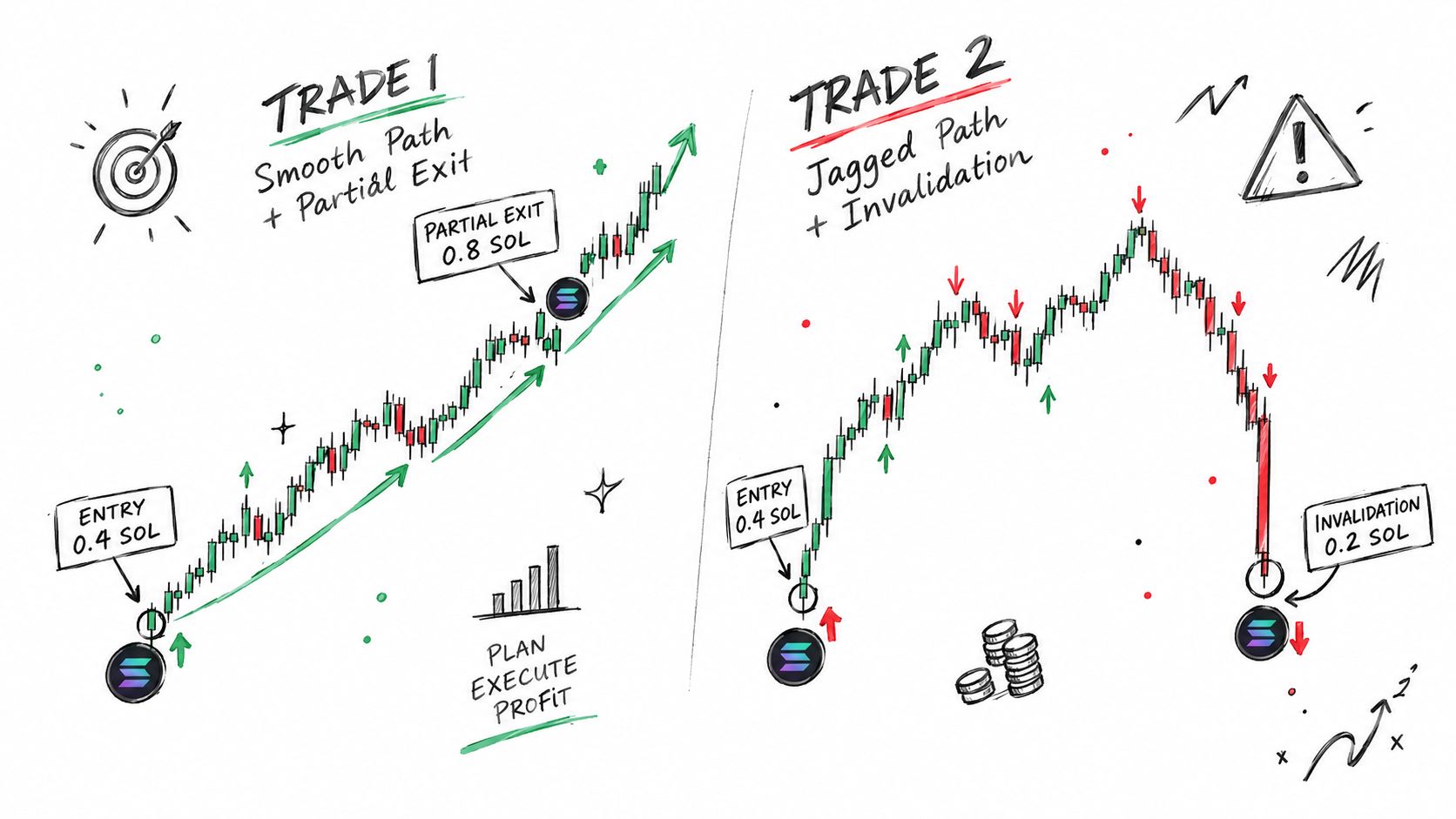 A conceptual illustration comparing a smooth profitable trade strategy against a jagged trade path resulting in invalidation.
