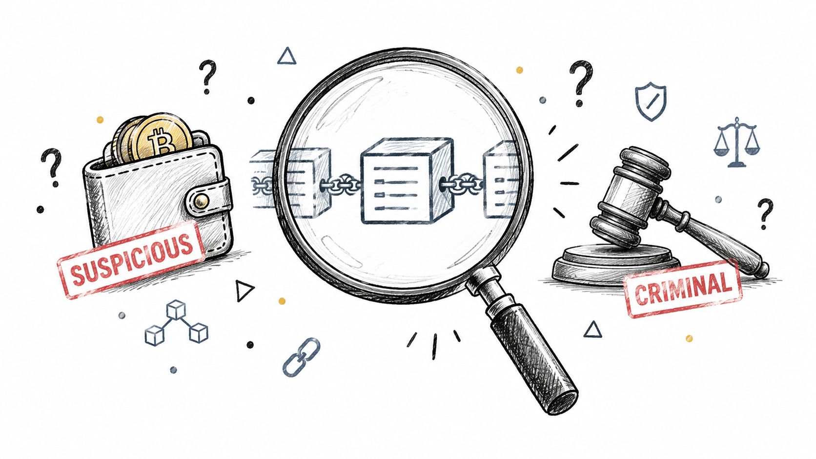 A digital illustration showing a bitcoin wallet under surveillance, a blockchain, and a gavel, representing crypto investigations.