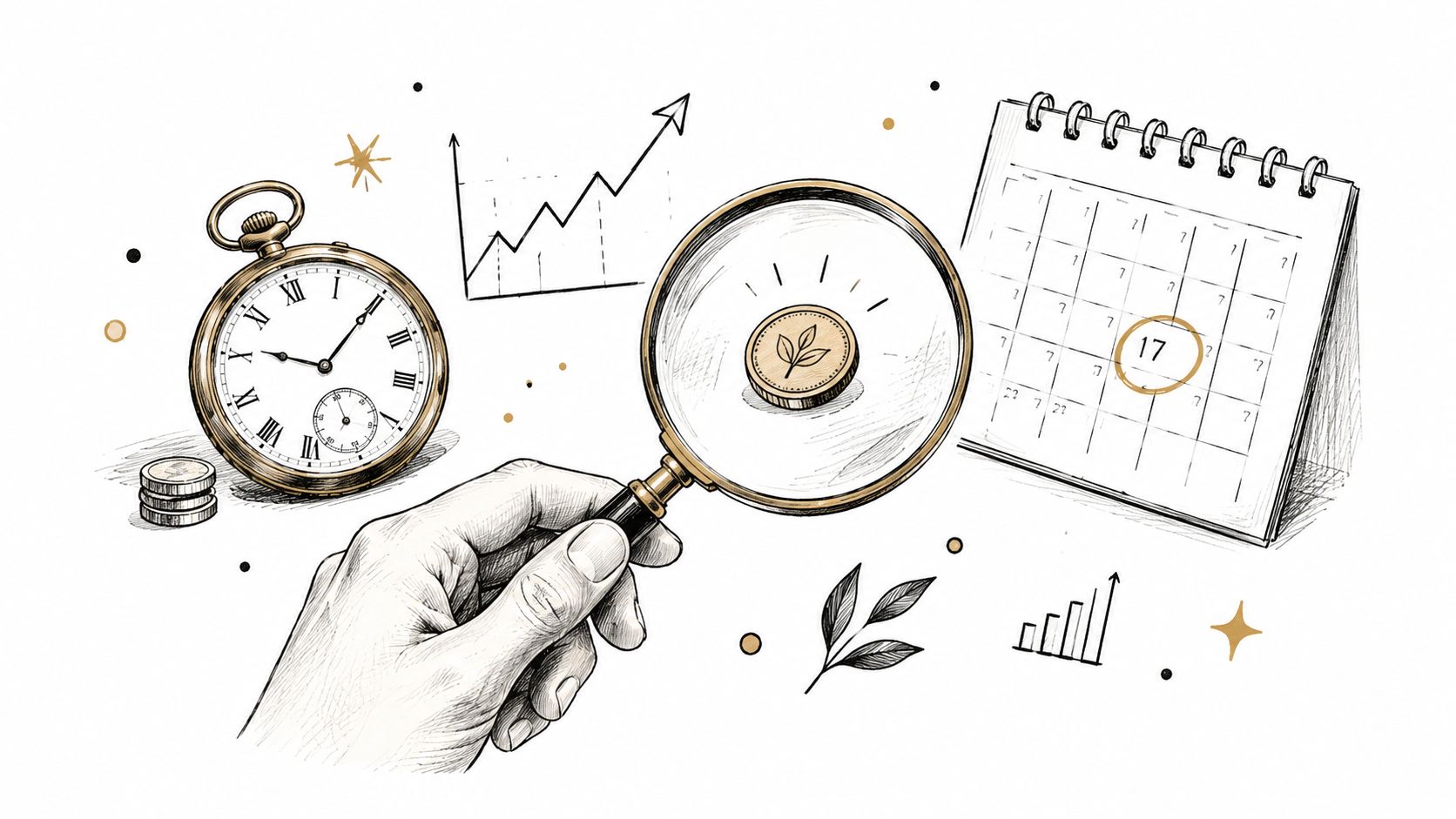 A hand holding a magnifying glass over a coin, surrounded by a watch, chart, and calendar illustration.