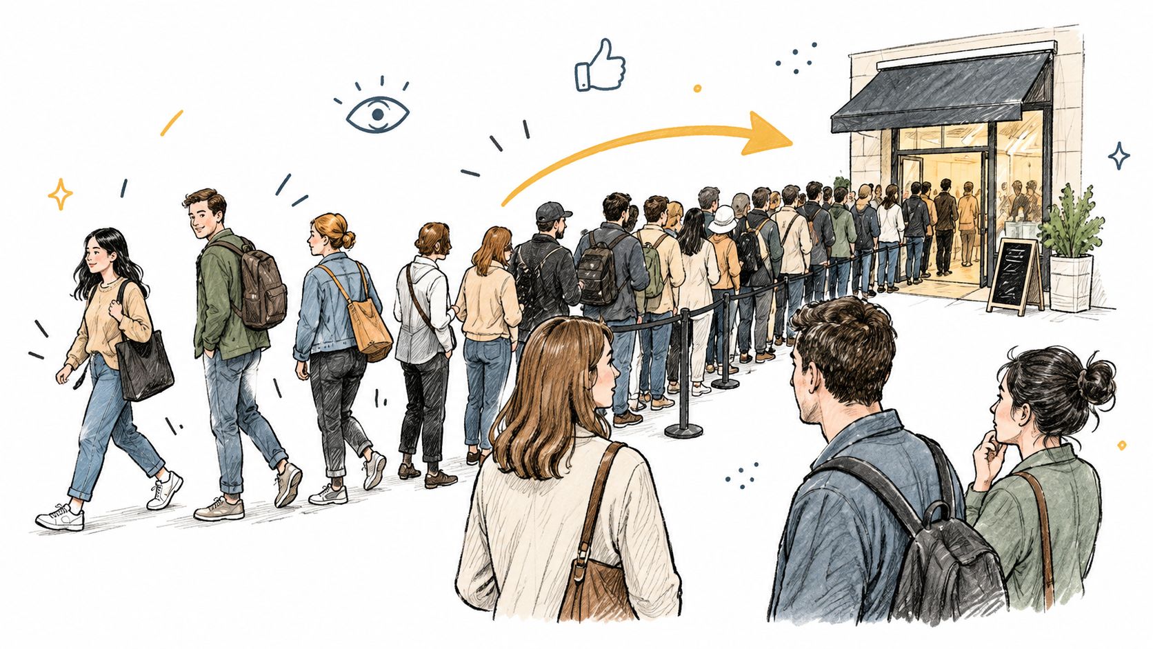 A long queue of diverse people waiting patiently in line to enter a retail store entrance.