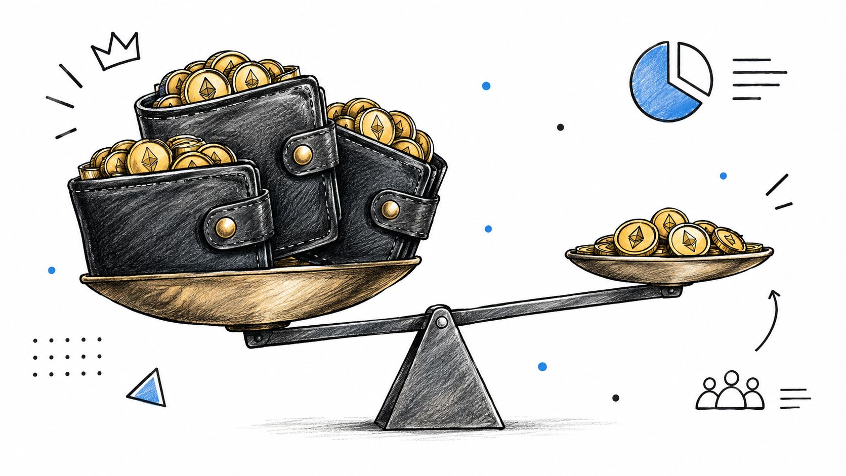A hand-drawn illustration showing a scale balancing wallets filled with Ethereum coins against a pile of coins.