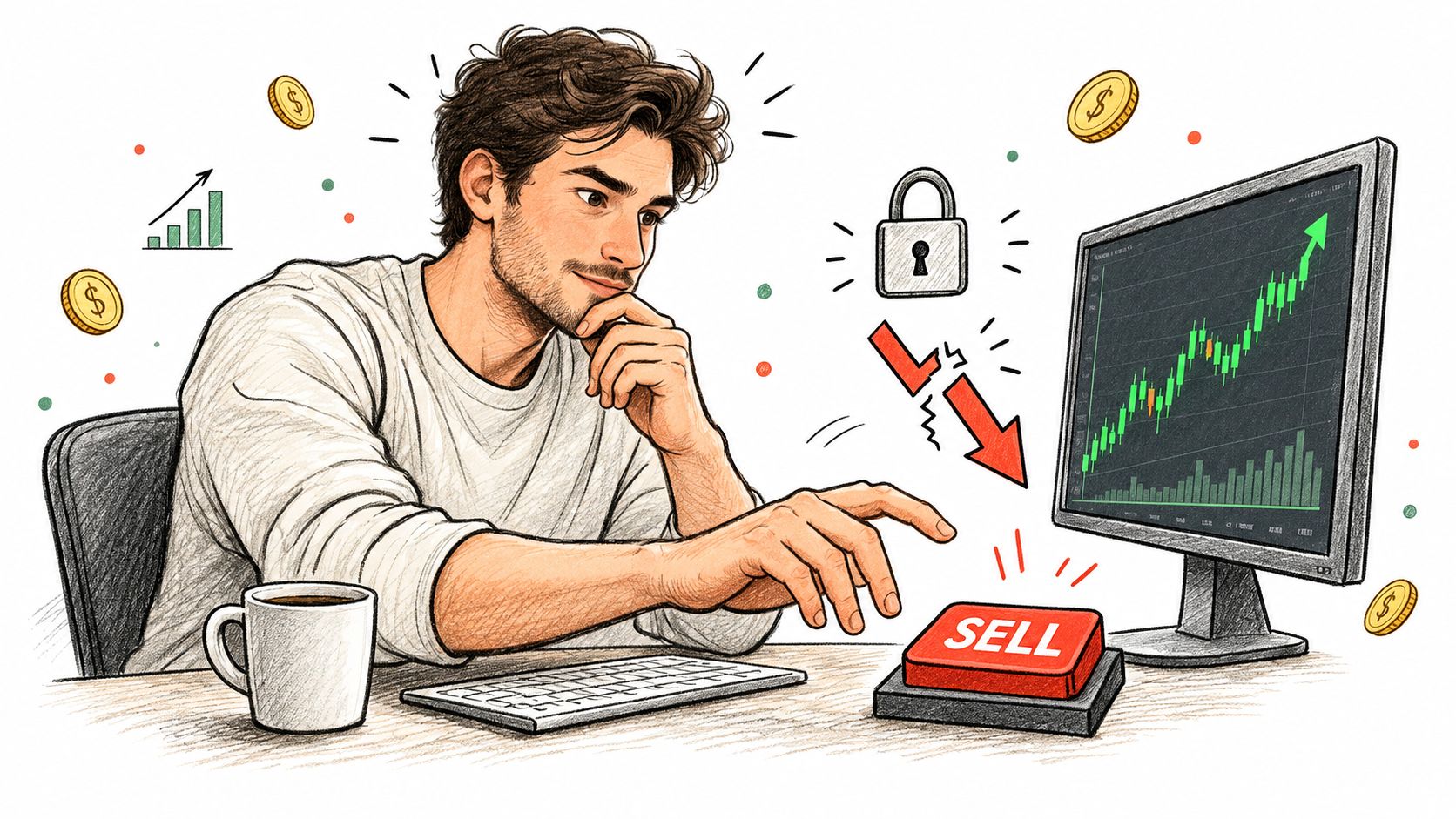 A digital illustration of a man observing a bullish stock chart while considering pressing a sell button.