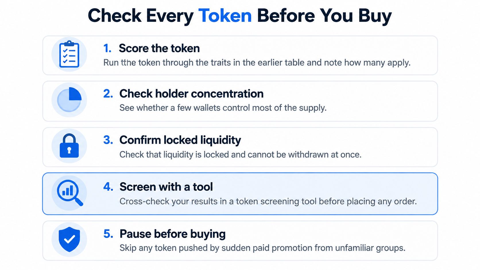 A checklist of five steps to evaluate and safely purchase cryptocurrency tokens before investing.