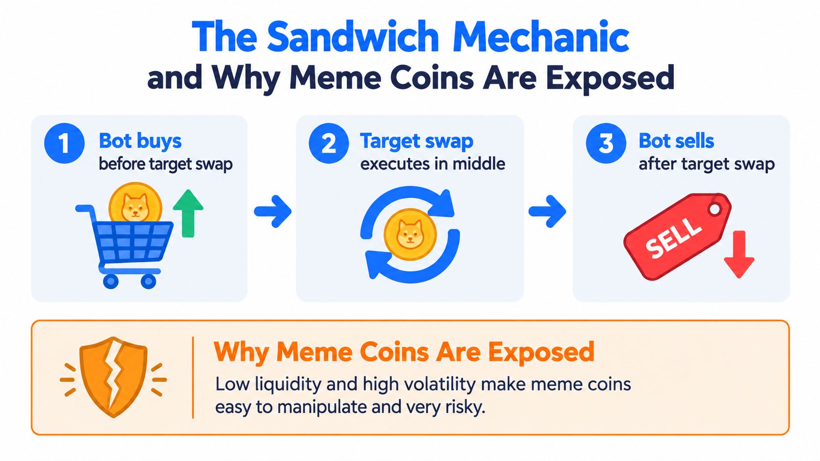 An infographic titled The Sandwich Mechanic illustrating the three steps of a crypto sandwich bot attack.