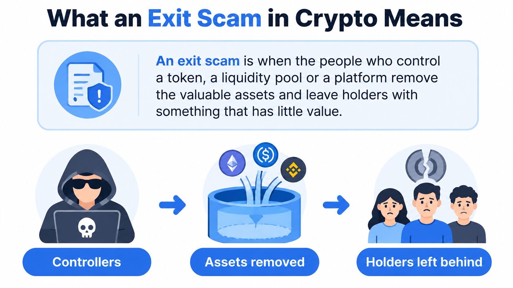 A diagram explaining a crypto exit scam featuring controllers, asset removal from liquidity pools, and disappointed holders.