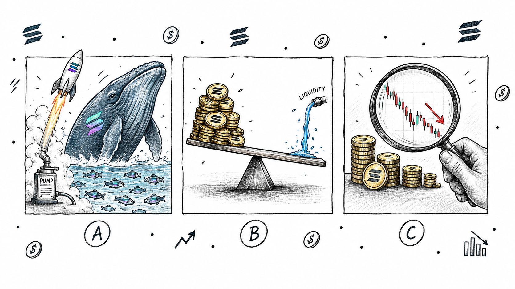 A hand-drawn illustration depicting market dynamics with a crypto whale pump, liquidity scales, and a price downturn.
