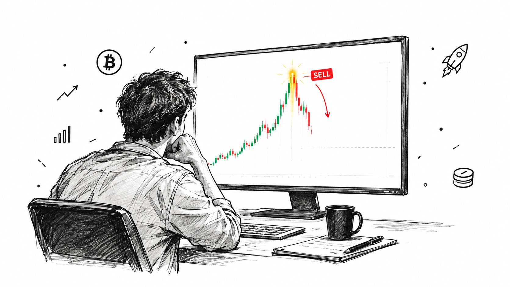 A person sitting at a desk looking at a computer screen displaying a financial candlestick chart.