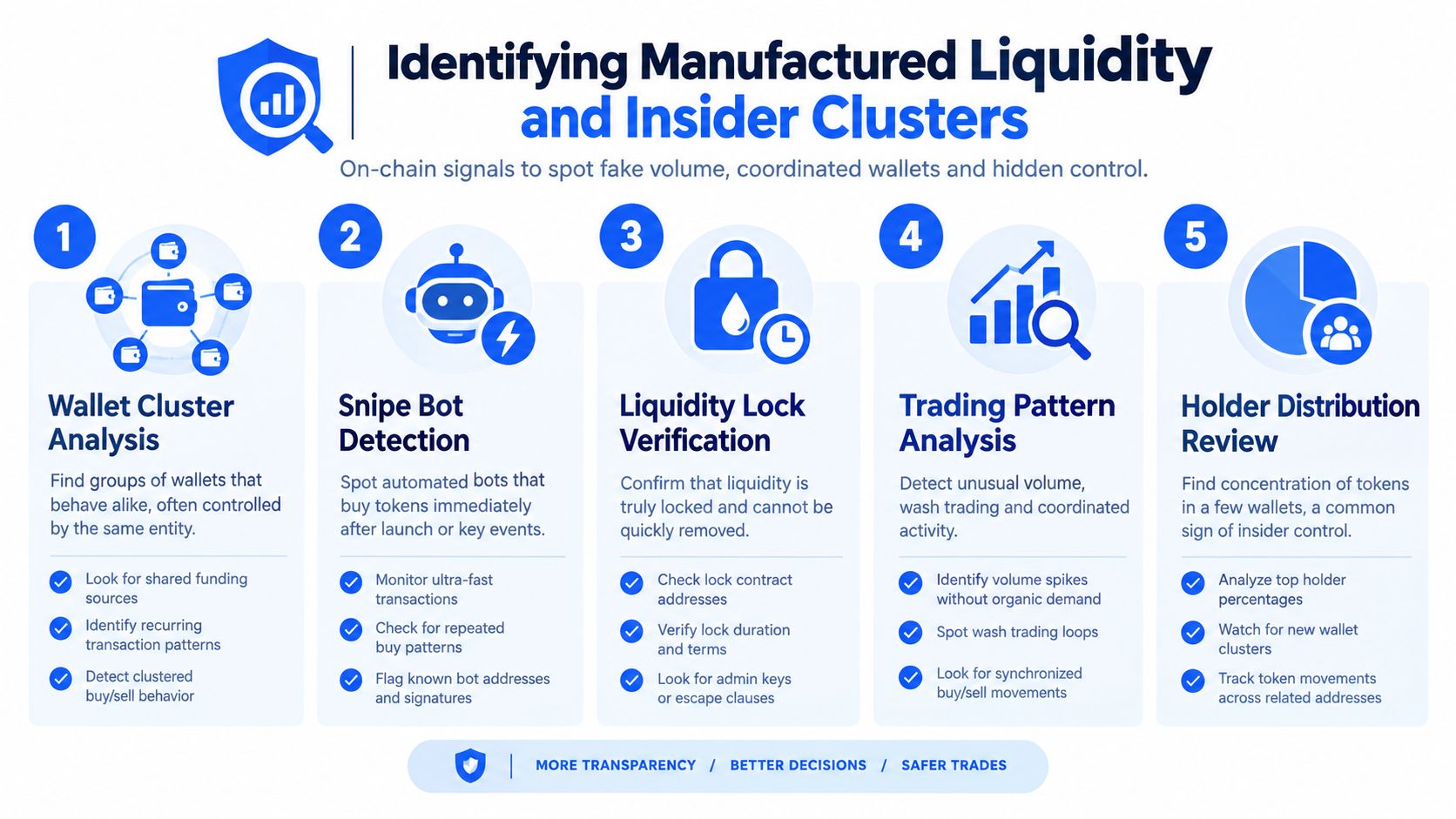 An infographic showing five steps to identify manufactured liquidity and insider clusters in cryptocurrency trading analysis.