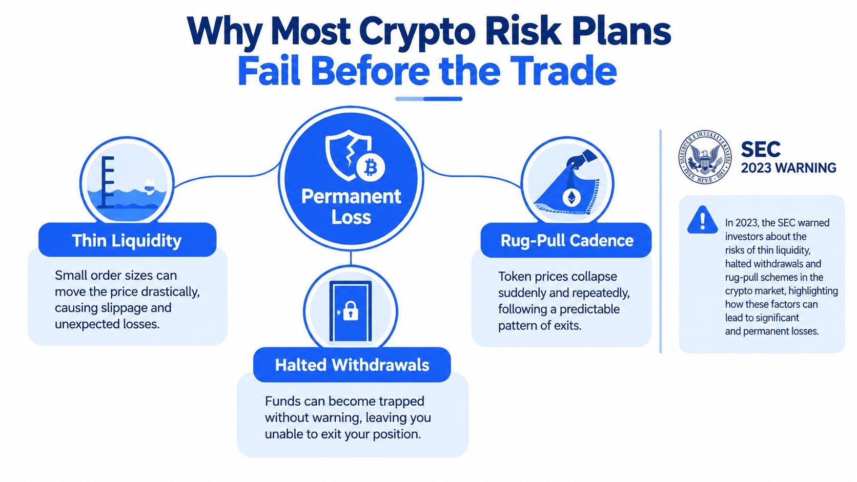 An infographic detailing common crypto trading risks such as thin liquidity, halted withdrawals, and rug-pull schemes.