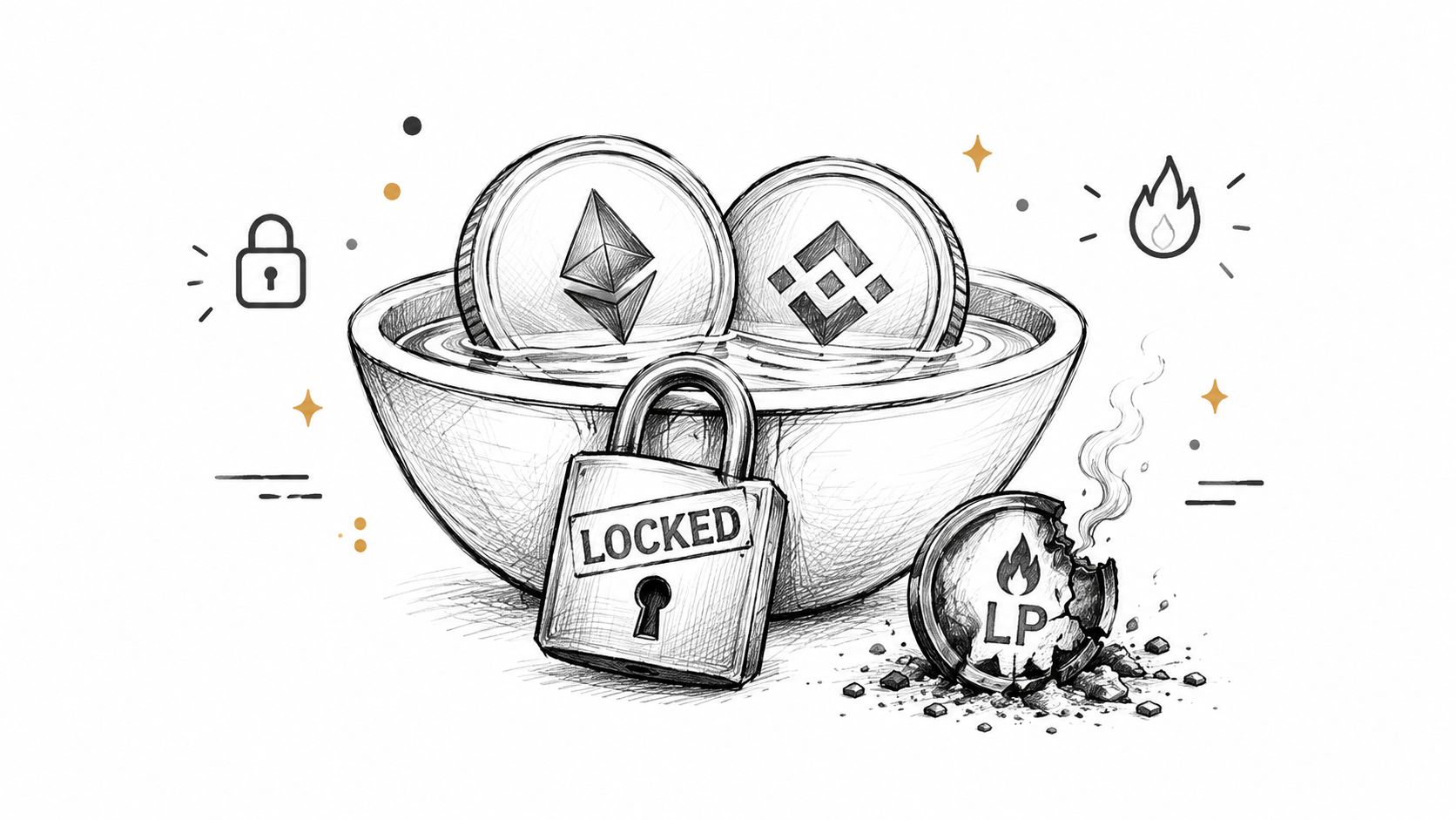 A sketched illustration depicting Ethereum and Binance coins in a bowl secured by a locked padlock.