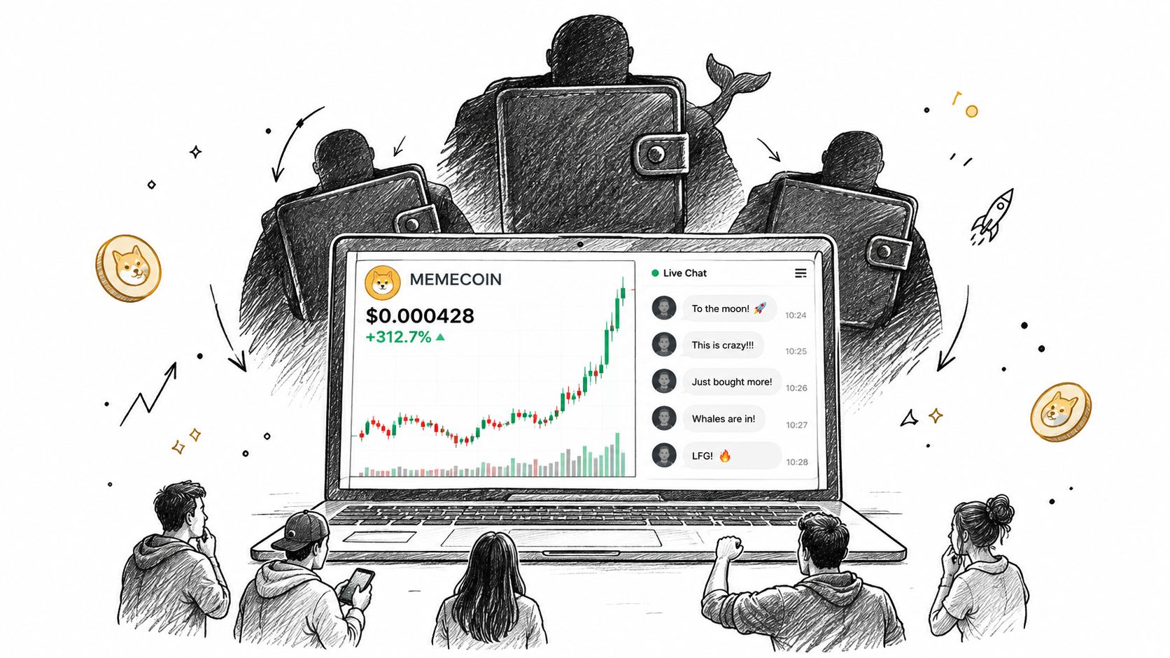 A pencil sketch of people watching a crypto memecoin price chart with large whale wallets looming above.