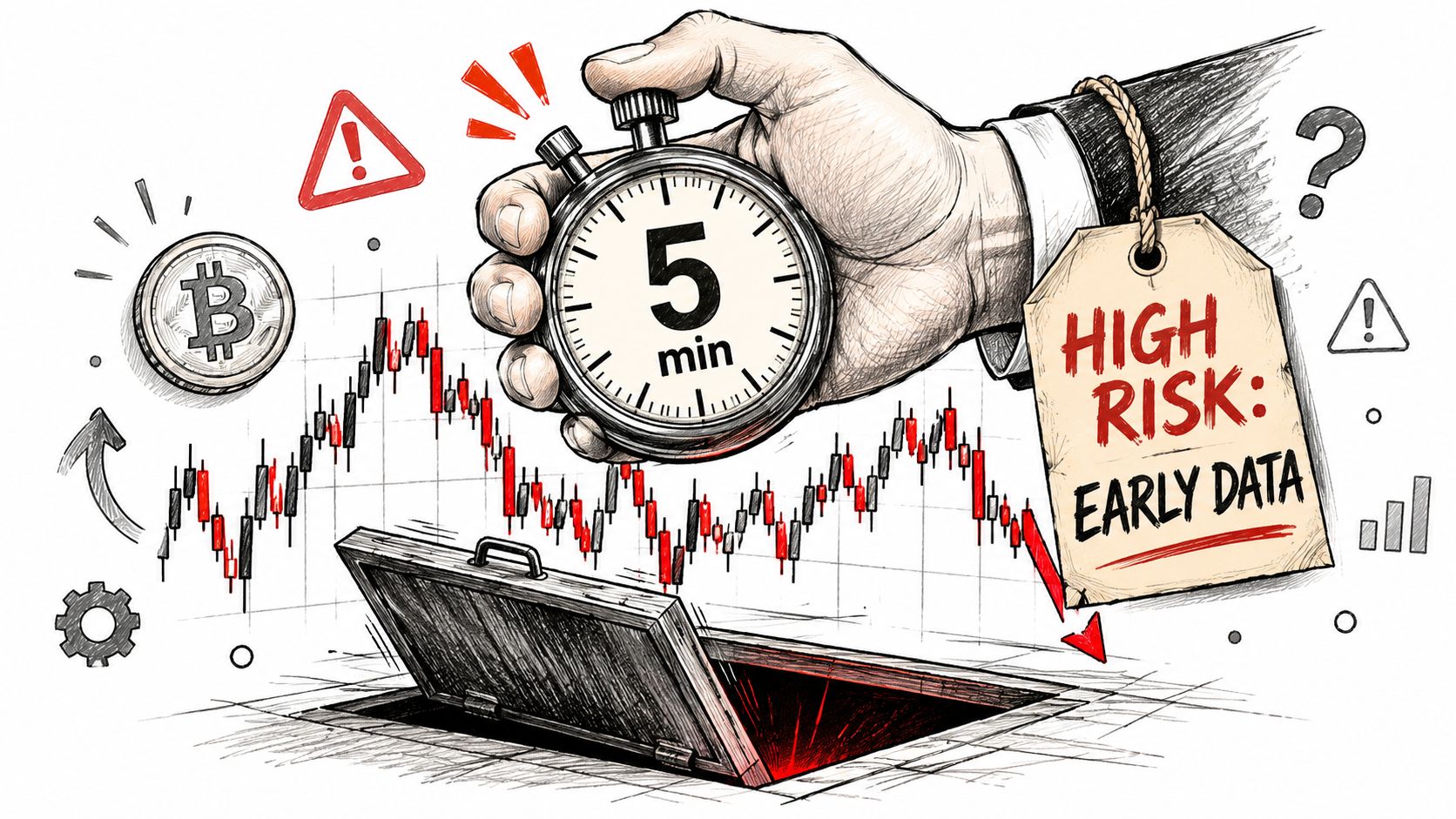 A conceptual illustration of a hand holding a stopwatch showing five minutes over a declining financial chart.