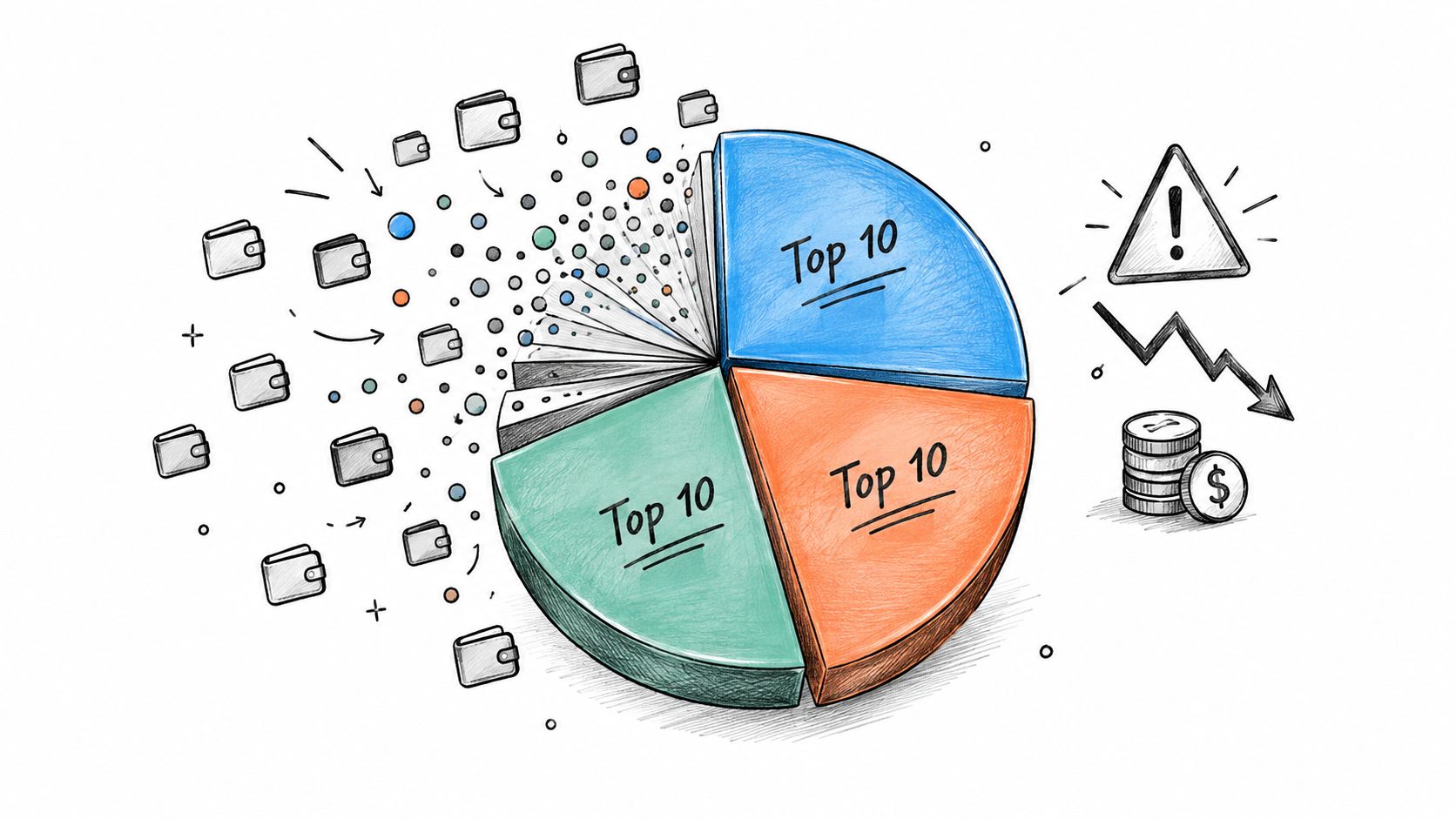 A hand-drawn illustration showing a pie chart with three highlighted Top 10 sections and scattered wallets.