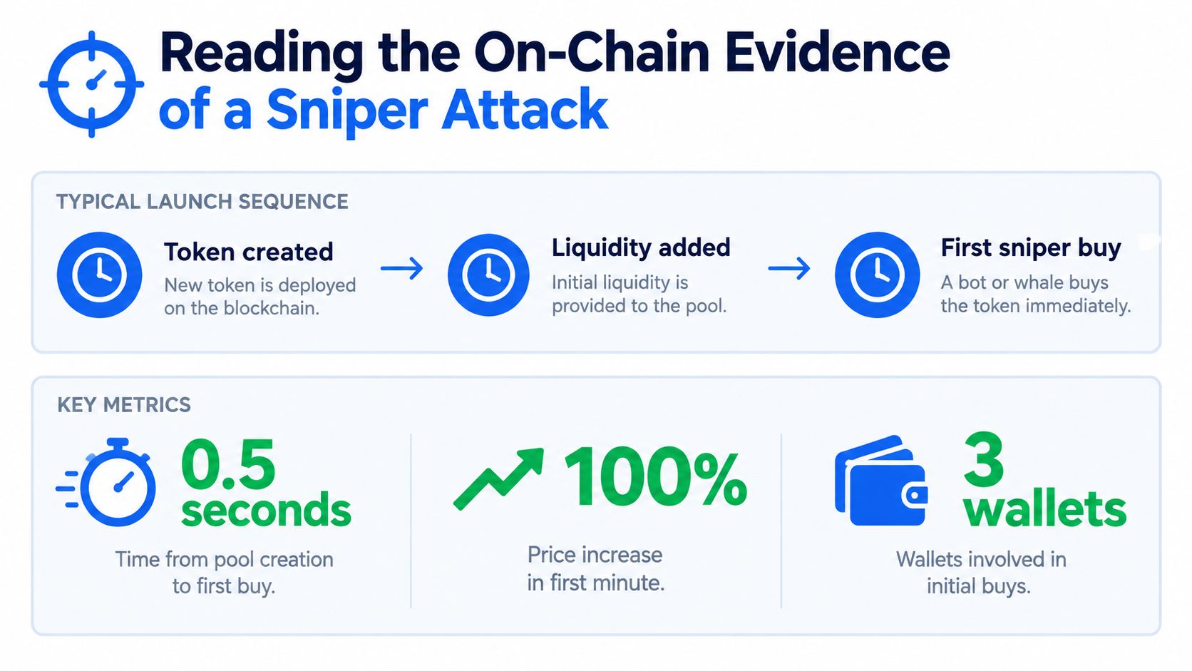 An infographic showing the typical sequence and key metrics used to detect a crypto sniper bot attack.