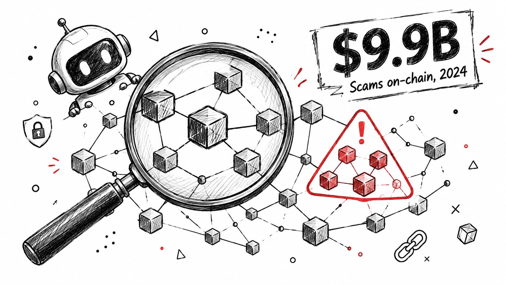 A sketched illustration of a robot using a magnifying glass to inspect blockchain blocks highlighting crypto fraud.