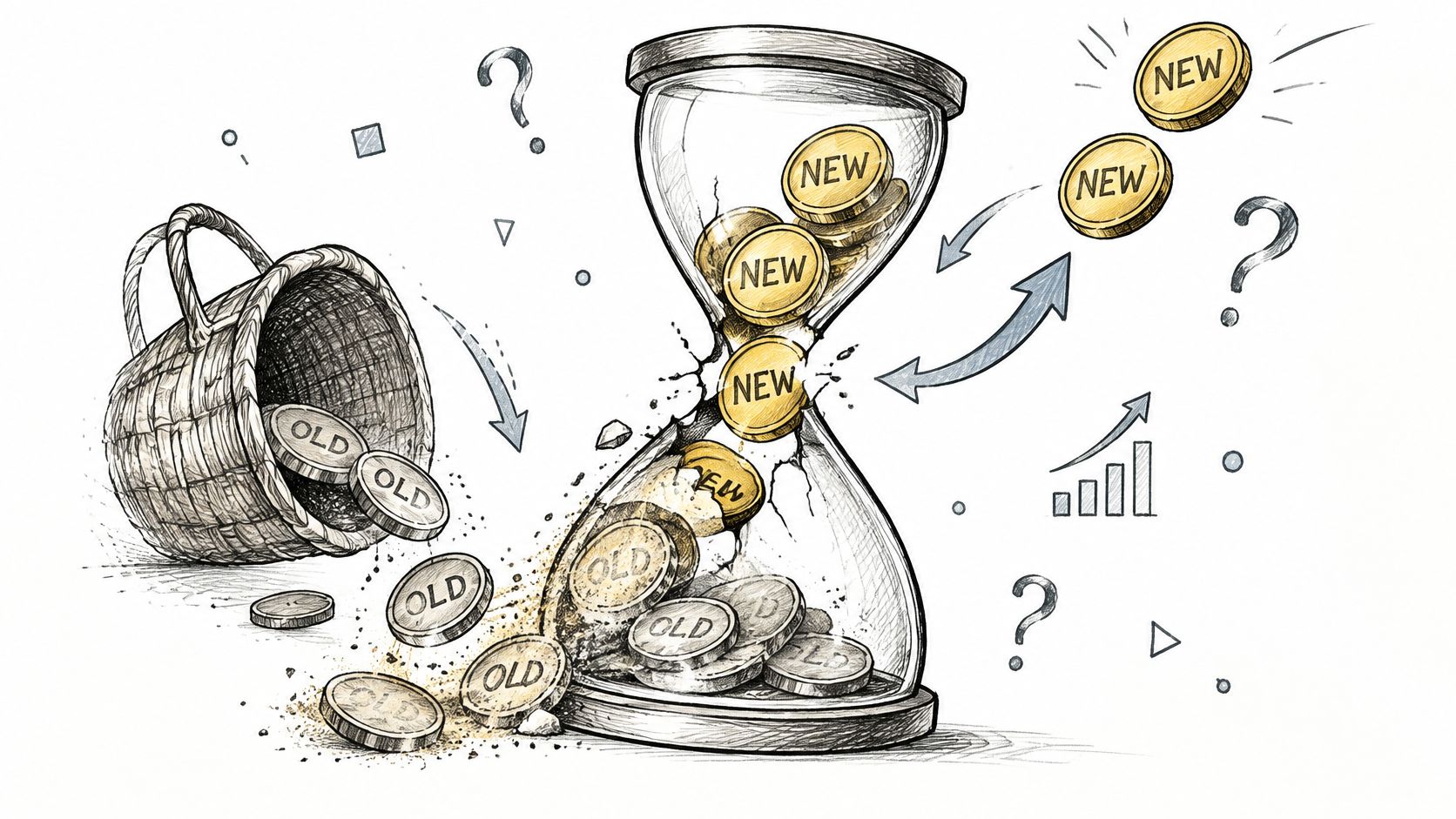 A hand-drawn illustration depicting the transition from old to new coins within an hourglass structure.