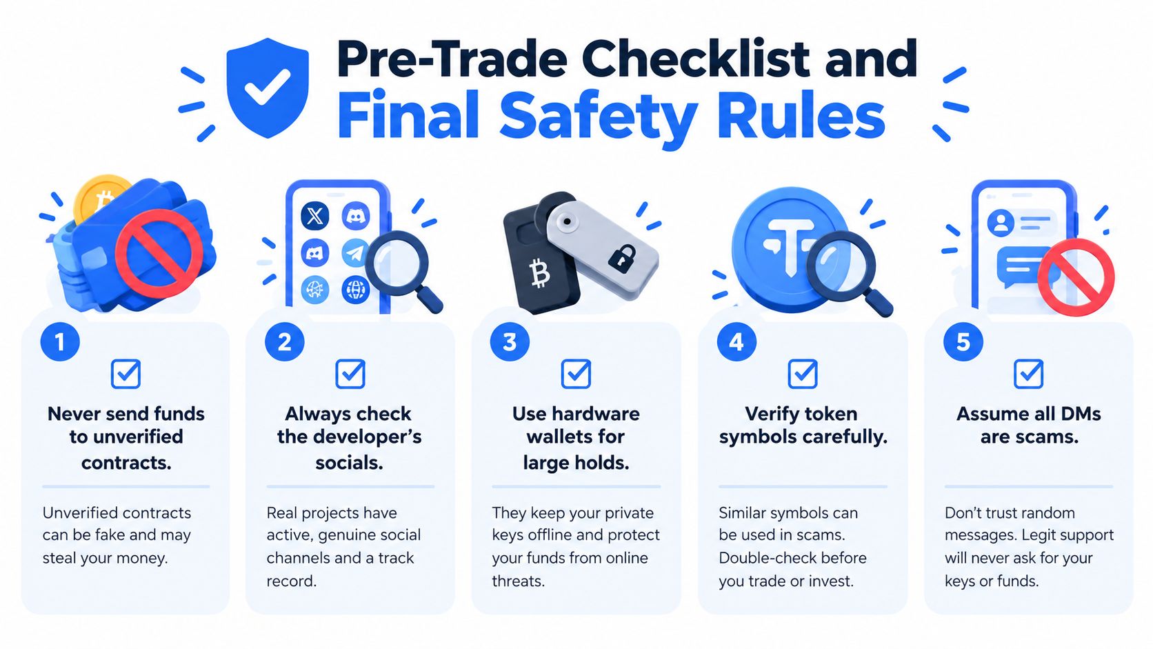 A safety infographic titled Pre-Trade Checklist and Final Safety Rules for protecting cryptocurrency investments from common scams.