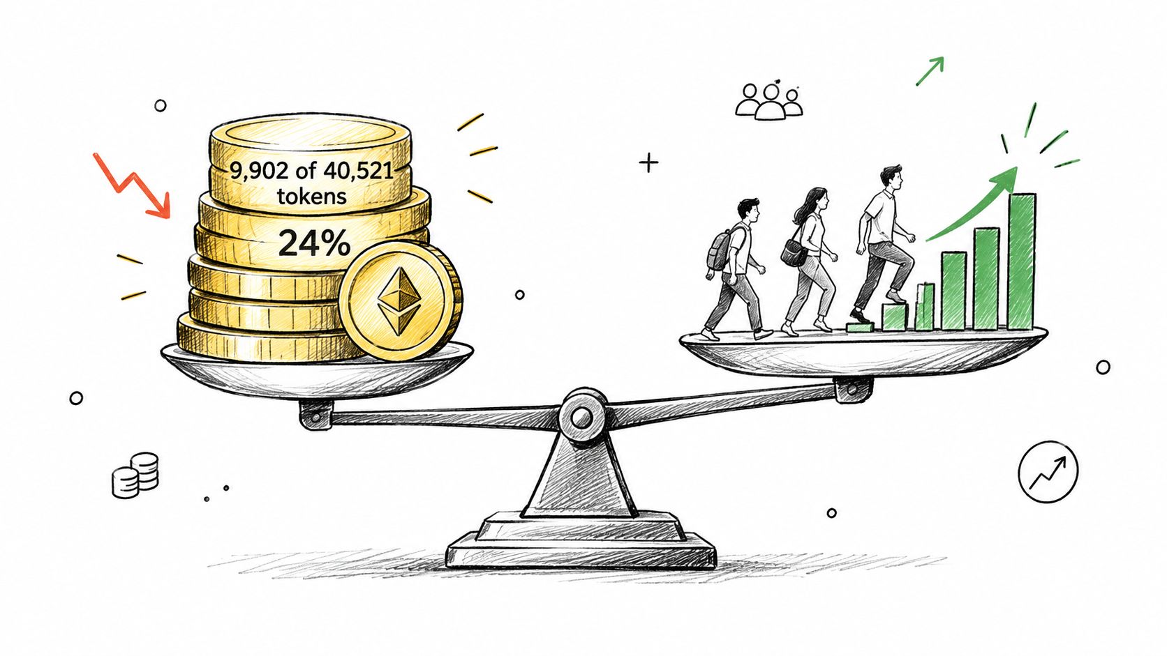 A conceptual drawing of a scale balancing Ethereum tokens against a growing group of people and charts.