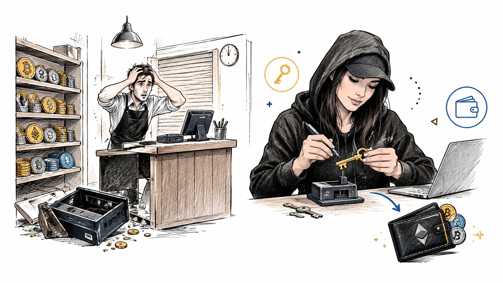 A split image showing a stressed person robbed of cryptocurrency and a hacker crafting digital keys.
