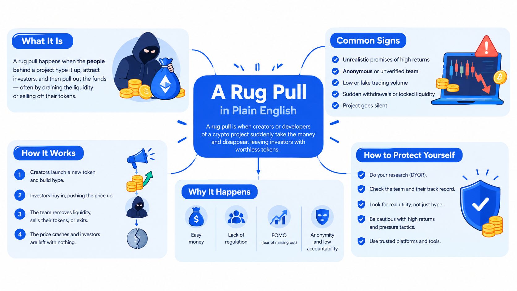 An infographic explaining what a crypto rug pull is, its common signs, how it works, and prevention tips.