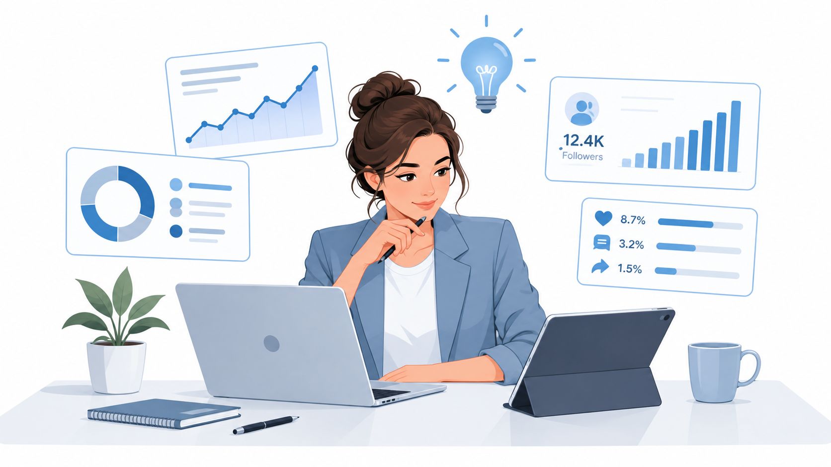 A professional woman working on a laptop and tablet surrounded by digital marketing analytics and growth charts.