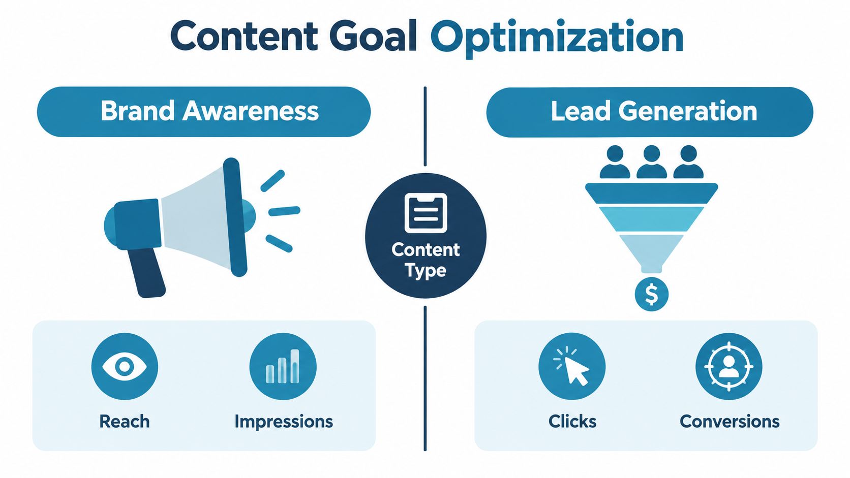 A diagram illustrating Content Goal Optimization by comparing Brand Awareness metrics with Lead Generation funnel metrics.