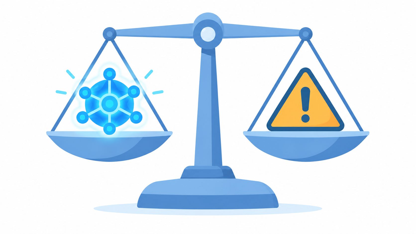 A balanced scale featuring a glowing blue network node icon on one side and a warning triangle icon.