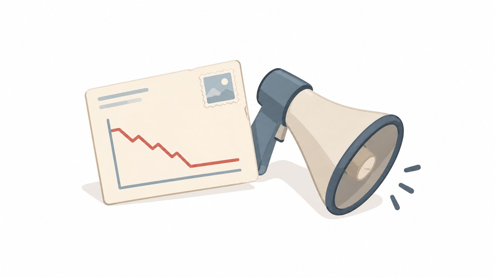 A conceptual illustration showing an envelope with a downward trend graph alongside a megaphone speaker.