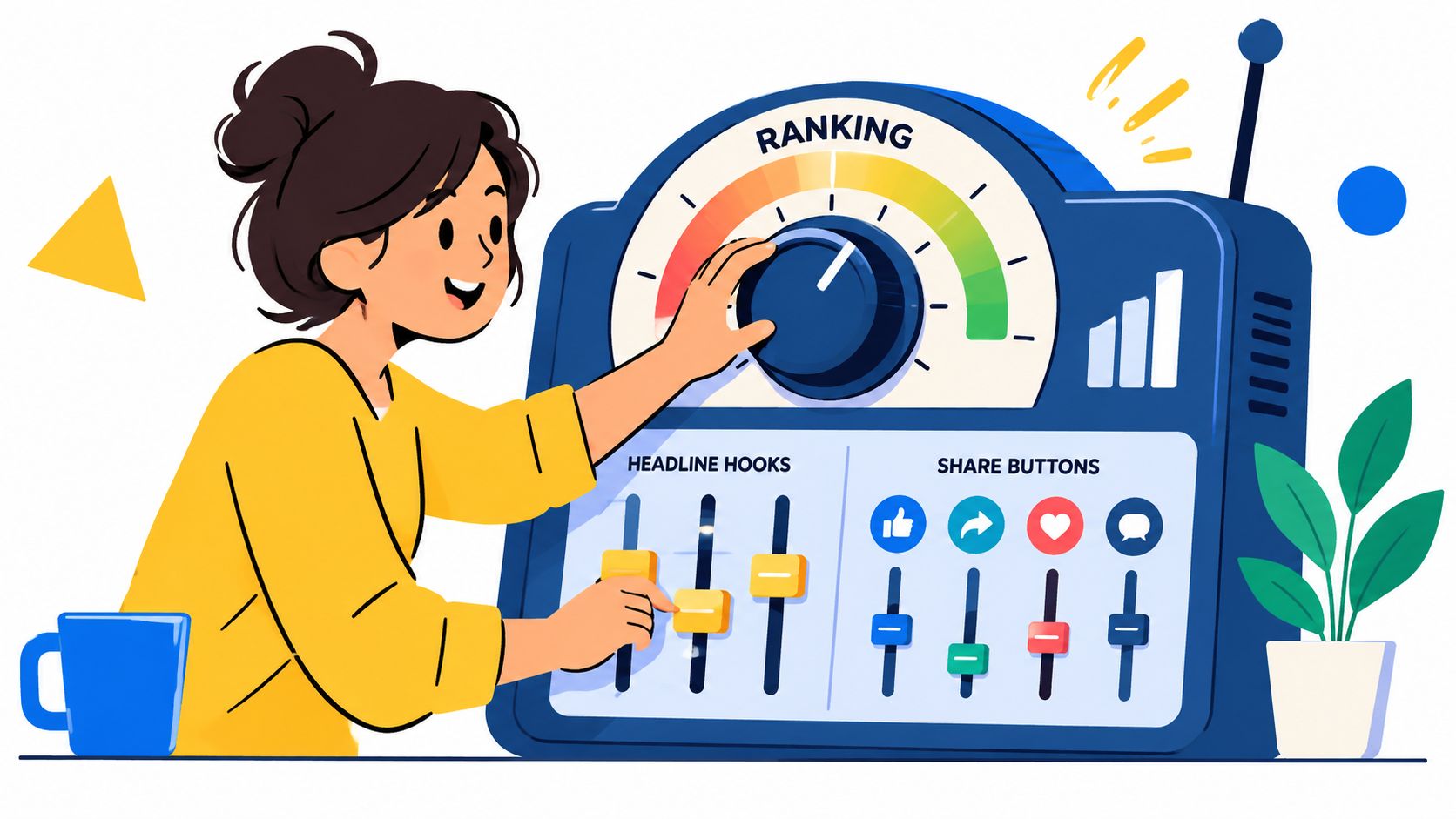 A young woman adjusting digital controls to improve her website's SEO ranking and social media engagement.