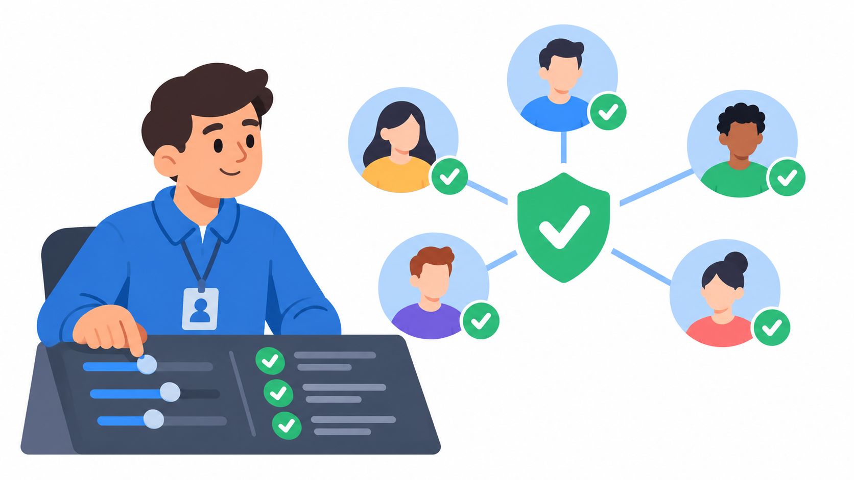 An office worker manages team security settings on a digital control panel with connected user icons.