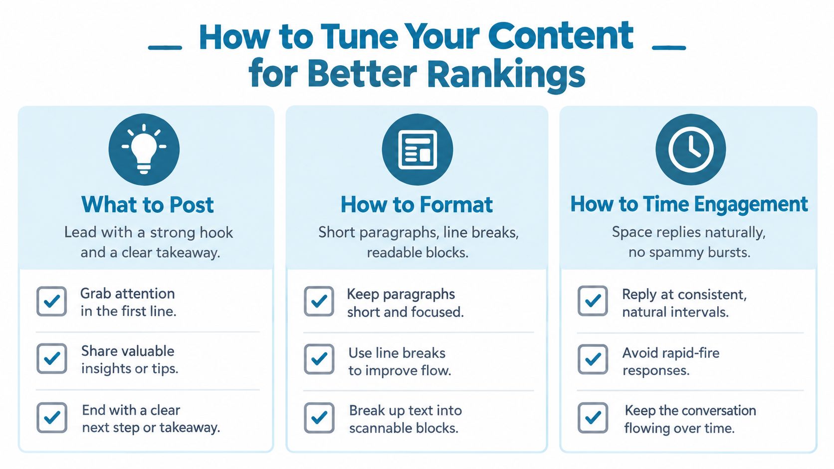 An infographic titled How to Tune Your Content for Better Rankings with tips on posting, formatting, and engagement.
