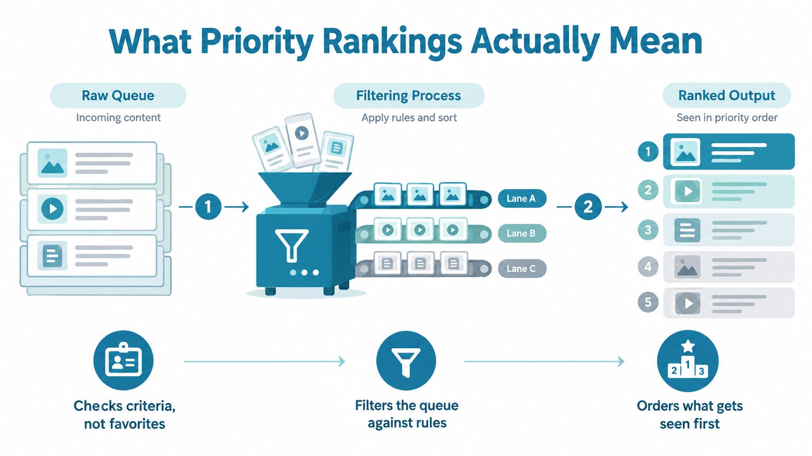 A diagram illustrating how raw content queue is processed into ranked output using filtering rules.