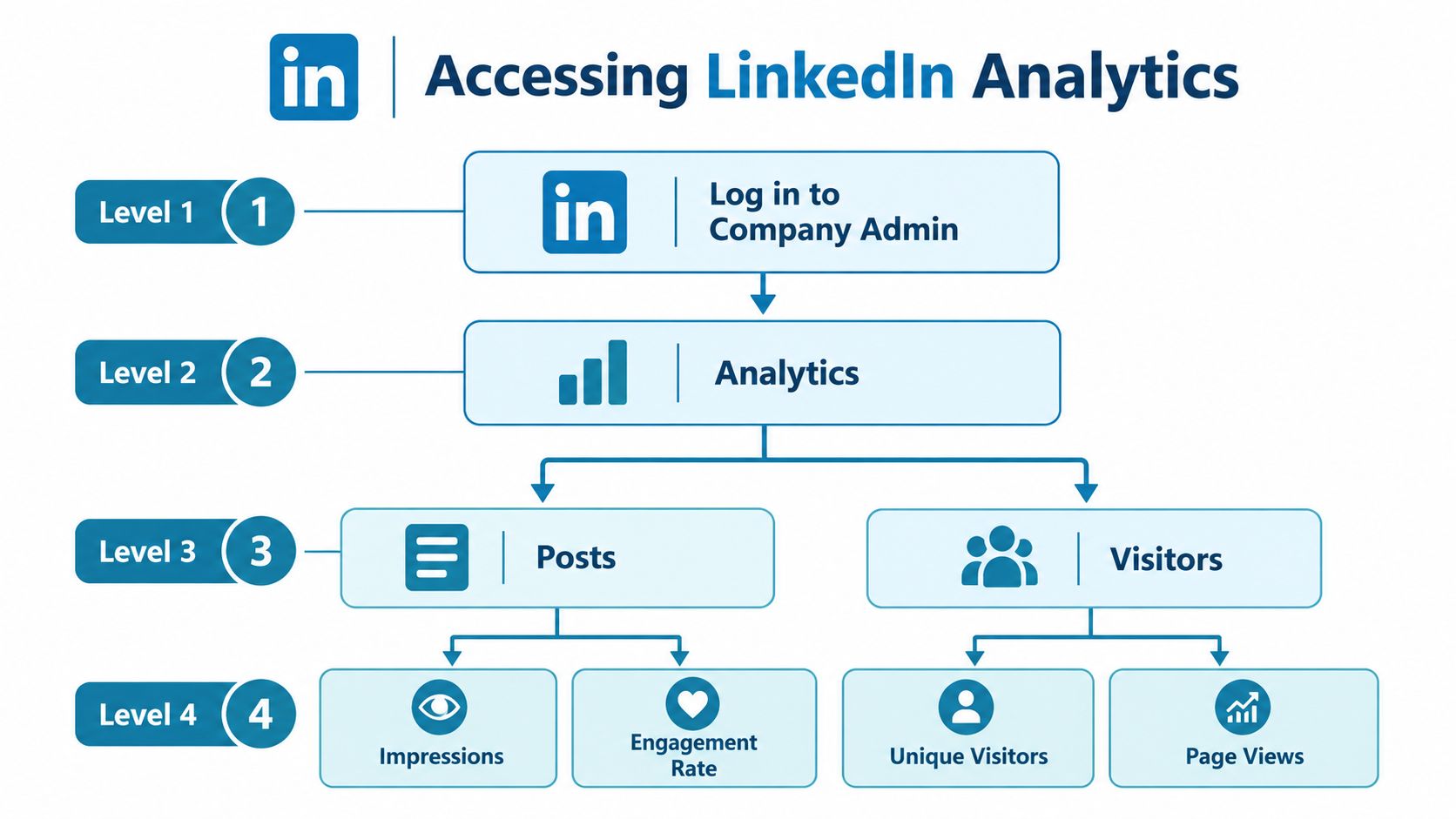A flowchart showing the four levels to navigate and access analytics on a LinkedIn company page.