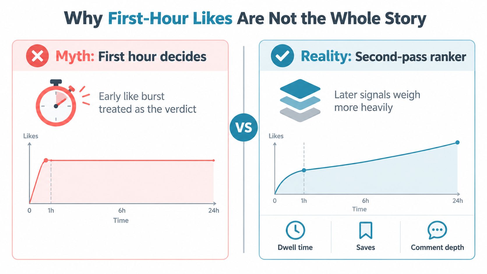 A comparison chart showing how content performance is measured beyond just the first hour of likes.