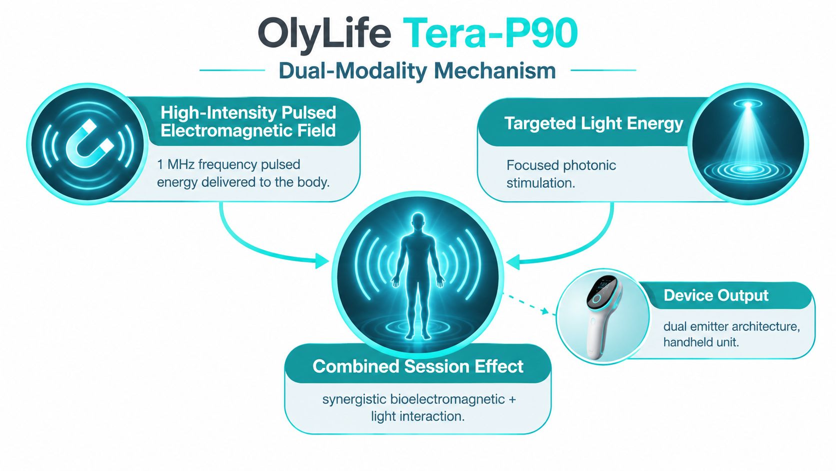 A diagram illustrating the dual-modality mechanism of the OlyLife Tera-P90 therapy device using magnetic and light energy.