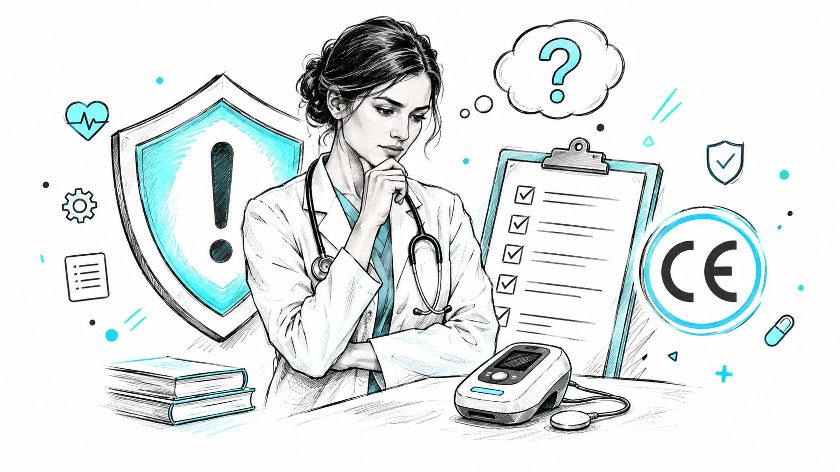 A female doctor with a stethoscope stands thoughtfully next to a medical device and checklist, symbolizing healthcare evaluation.