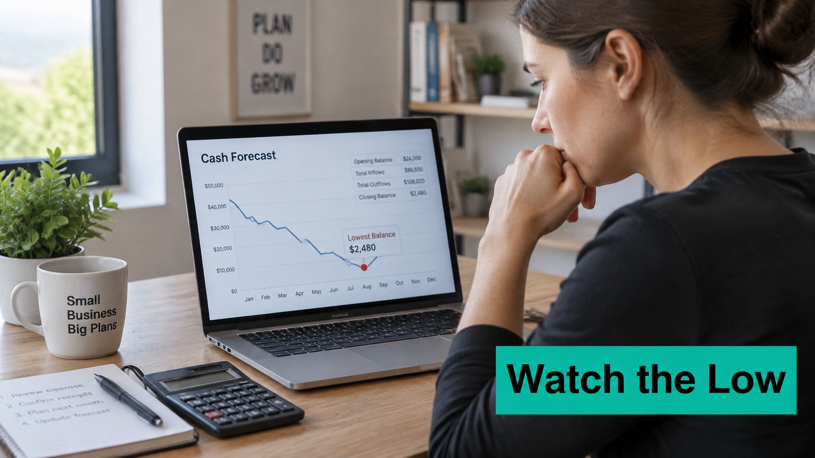 A woman analyzing a declining cash flow forecast graph on a laptop screen while working at her desk.