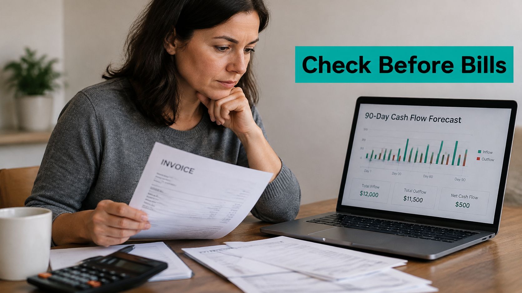 A businesswoman analyzing her business invoices and 90-day cash flow forecast on her laptop at home.