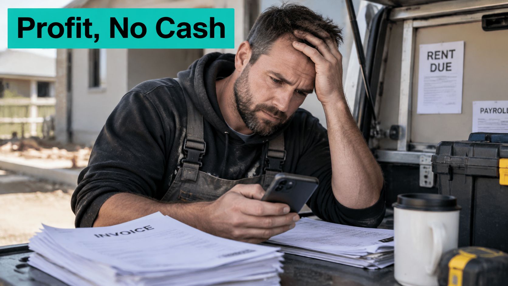 A stressed construction business owner reviewing financial paperwork and invoices while looking at his smartphone.